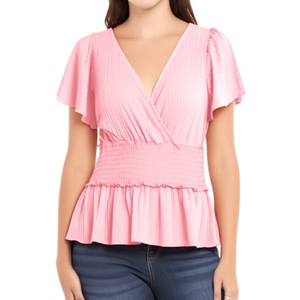 ENTERO Pastel Pink Deep V-Neck Peplum Smocked Short Sleeve Ribbed Top